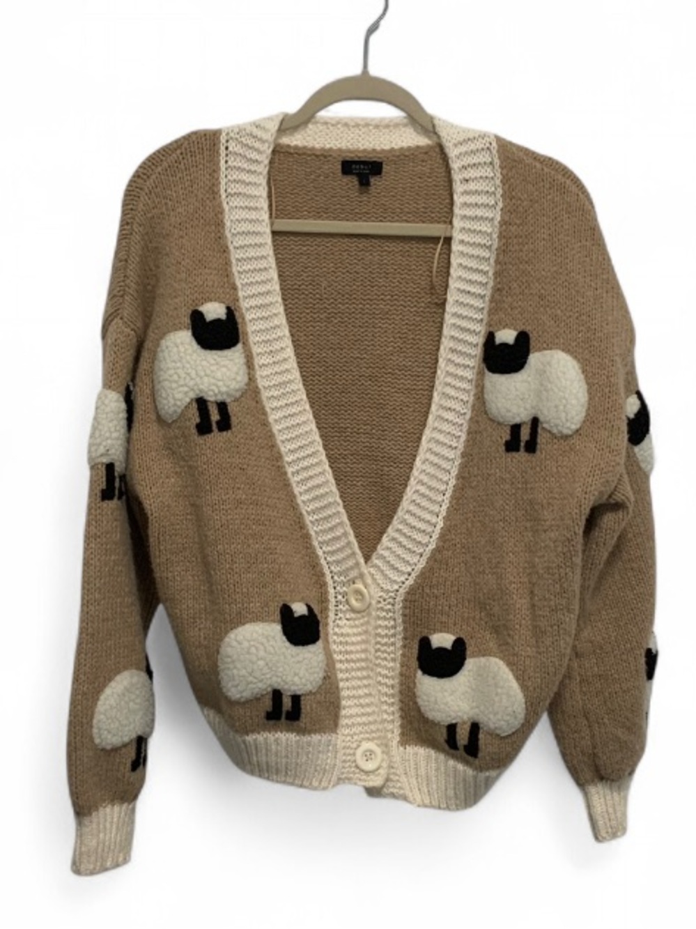 debut Beige Sheep Appliqué V-Neck Cardigan Sweater with Cream Trim